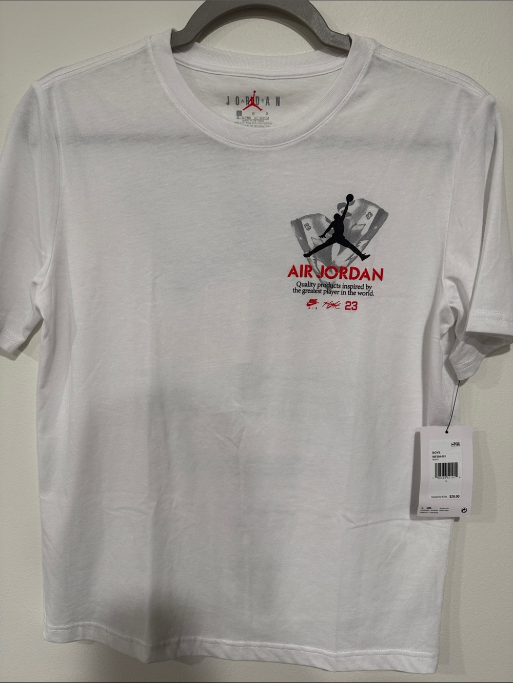 Jordan White Short-Sleeve Graphic Tee with Black & Red Logo
